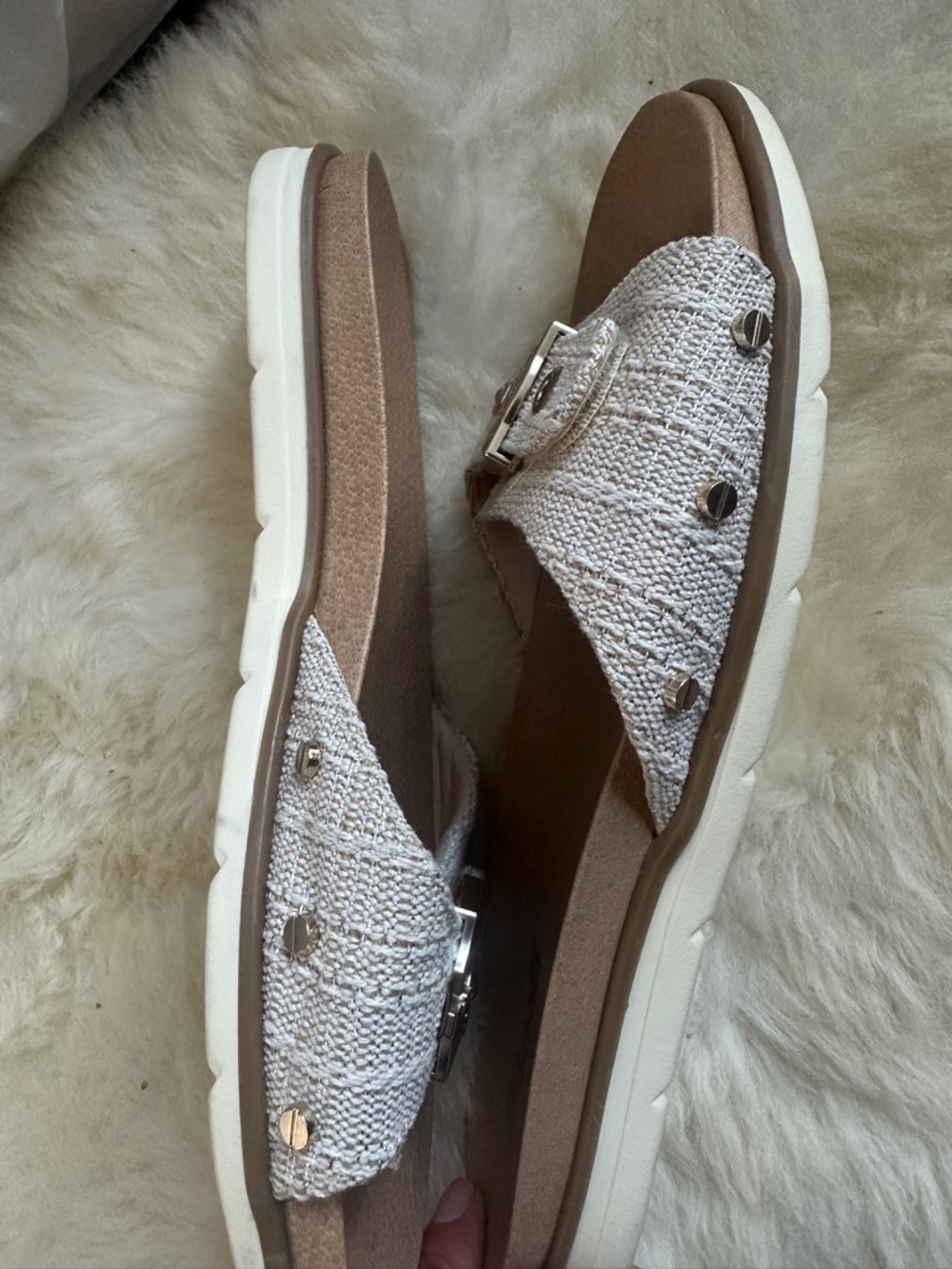 Dr. Scholl’s Nice Iconic Slide Sandals Cream Woven Strap Buckle Comfort Mule - Picture 10 of 11